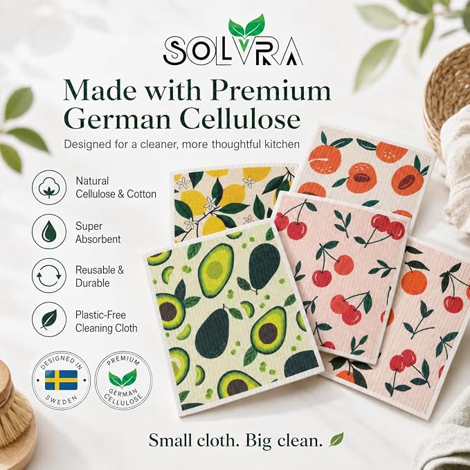 10 PCS Fruits Print Swedish Dishcloths for Kitchen 100% Biodegradable, Reusable Cellulose Sponge Cloths Ultra Absorbent, Eco Friendly Cleaning Towels Dishcloths for Washing Dishes & General Cleaning