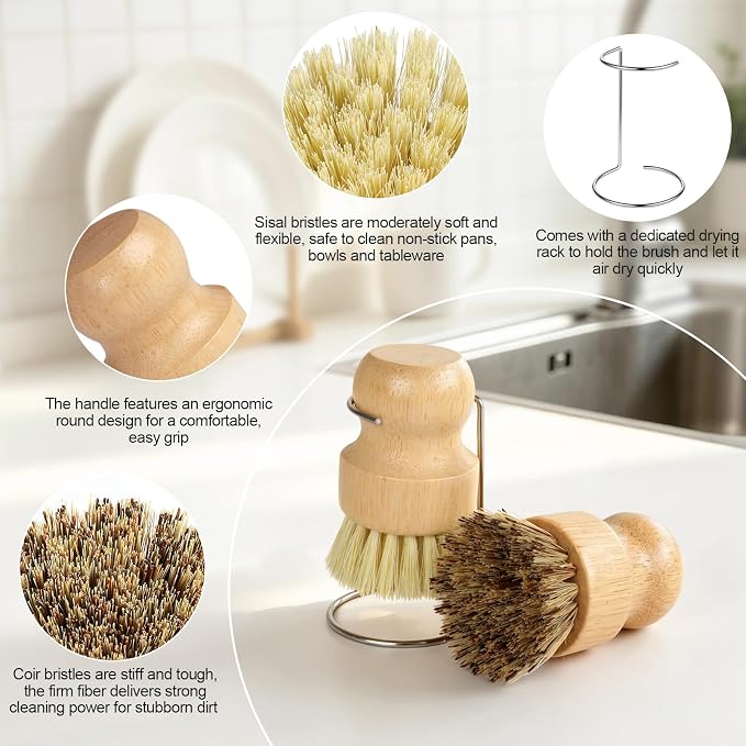 4 Pack Bamboo Dish Brush Set with Holder, 2 Sisal Dish Brushes & 1 Palm Scrub Brush, Natural Kitchen Scrub Brush for Dishes, Pots, Pans, Sink