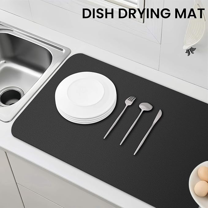 WISELIFE Dish Drying Mat Super Absorbent Drying Mat Large Dish Drying Mats for Kitchen Counter Easy Clean Dish Mat Kitchen Drying Mat18"x 36" Classic Black