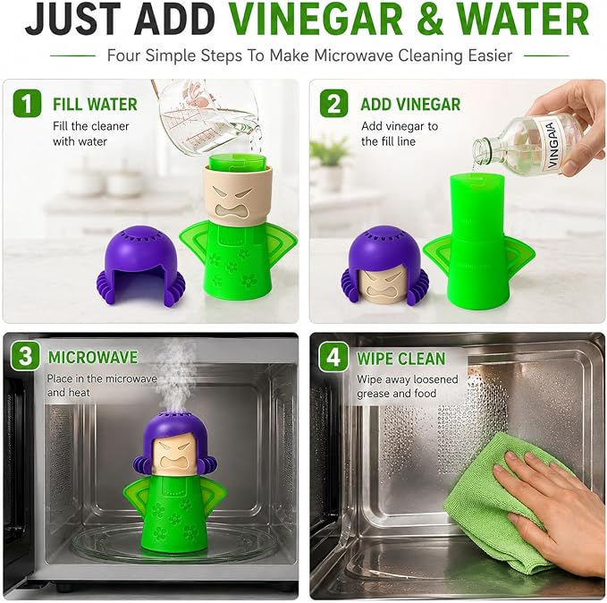 Microwave Steam Cleaner Tool, Fill with Vinegar & Water, Optional Lemon Drops, Heat 5-7 Minutes to Soften Grease & Residue, Non-Toxic Reusable Kitchen Cleaner for Microwaves (Green)