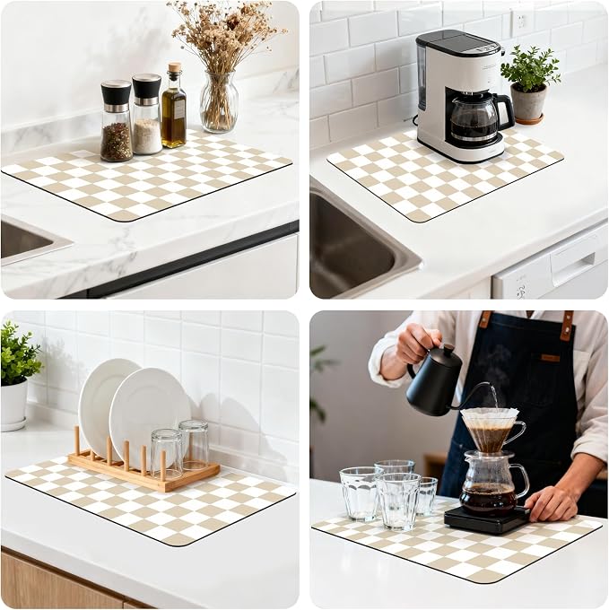 Checkered Dish Mat for Kitchen Coffee Station, 12" x 20" Beige | Quick Drying & Absorbent Mat for Coffee Bar Espresso Machine Countertops Accessories