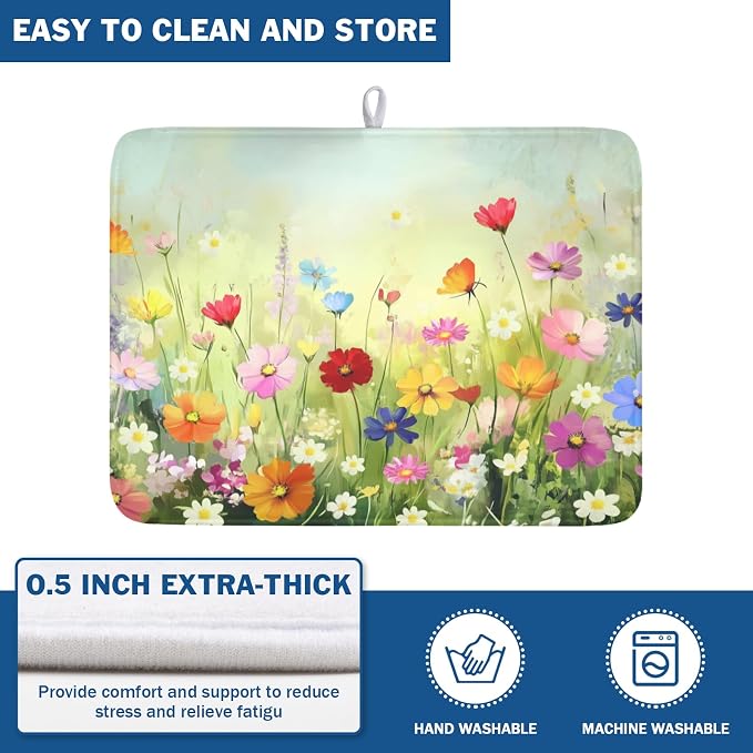 Spring Summer Daisy Dish Drying Mat 18 x 24 Inch Colourful Floral Pattern Dish Drainer Rack Mat Absorbent Microfiber Mats Holiday Dish Pad for Kitchen Coffee Dining Bar Decor