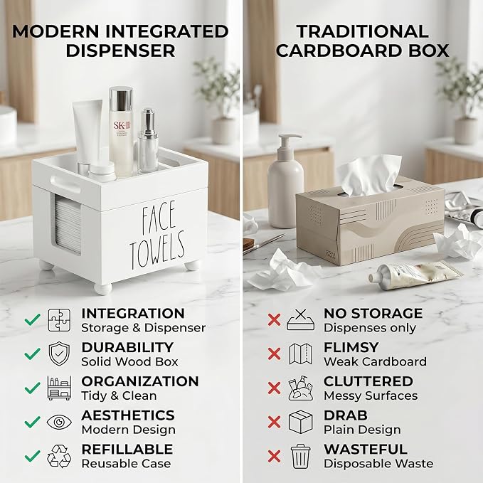 Disposable Face Towel Holder, Wooden Facial Towels Dispenser, Clean Towel XL Box for Bathroom Countertop, Open-Top Cleansing Wipes Organizer for Vanity, Rustic Skincare Storage (White)