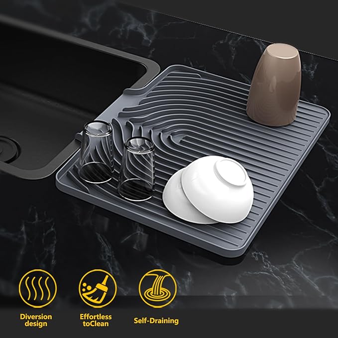 DIsh Drying Mat for Kitchen Counter , 20"×15.7" Dish Drying Rack (gray) | Various Sizes & Colors,Extra Large,Steep-Slope,Built in Drain,High-fin Ventilation,Food-grade Silicone,500F heat resistant