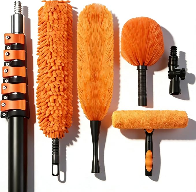 18FT High Reach Duster Kit with 3-12FT Flip-Lock & Screw Dual Locking Extension Pole, Cobweb Duster, Washable Ceiling Fan Cleaner & Window Squeegee for Glass & High Roof