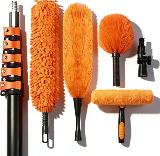 18FT High Reach Duster Kit with 3-12FT Flip-Lock & Screw Dual Locking Extension Pole, Cobweb Duster, Washable Ceiling Fan Cleaner & Window Squeegee for Glass & High Roof