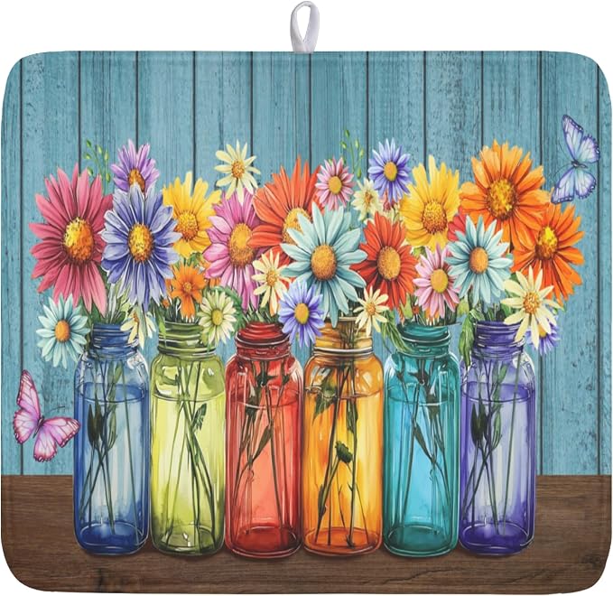 Vintage Floral Dish Drying Mat for Kitchen Counter Rustic Flower Vases Wooden Board Microfiber Dish Drainer Mat Spring Summer Absorbent Washable Drying Pad 16"x18"