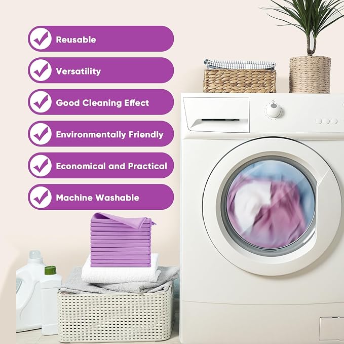 HOMEXCEL Microfiber Glass Cleaning Cloth 12 PK, Lint Free Streak Free, Reusable Magic Cleaning Cloth for Cleaning Windows, Glasses, Mirrors, Screens, Stainless Steel, and More Purple-12”×12”