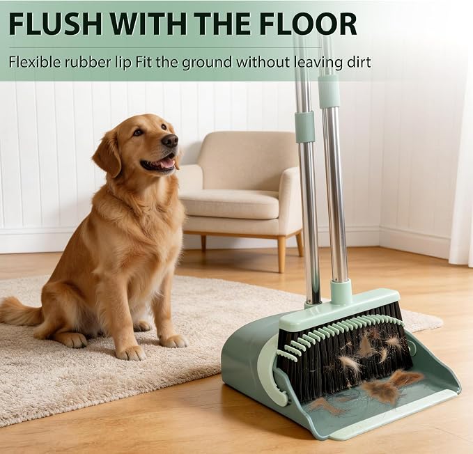 YZO Broom and Dustpan Set, 54.33 Inch Long Handle Standing Design, Dustpan Front Rubber Tight Seal, Broom with 5 Layer Bristles, Suitable for Living Room, Bedroom, Yard, Office (Green)