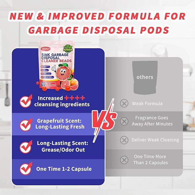 50 Count Garbage Disposal Cleaner and Deodorizer – Sink Odor Eliminator, New Powerful Grapefruit Zest Scented Kitchen Sink Freshener Pods& Drain Odor Eliminator Disposer Care Balls