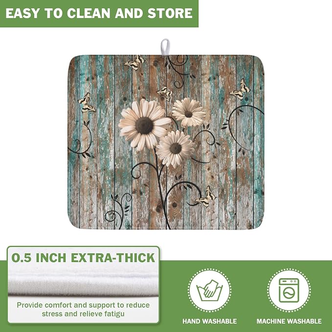 Vintage Daisy Floral Wooden Board Dish Drying Mat 16x18 Inch | Rustic，Polyester，Absorbent Microfiber，for Kitchen Coffee Dining Bar Decor