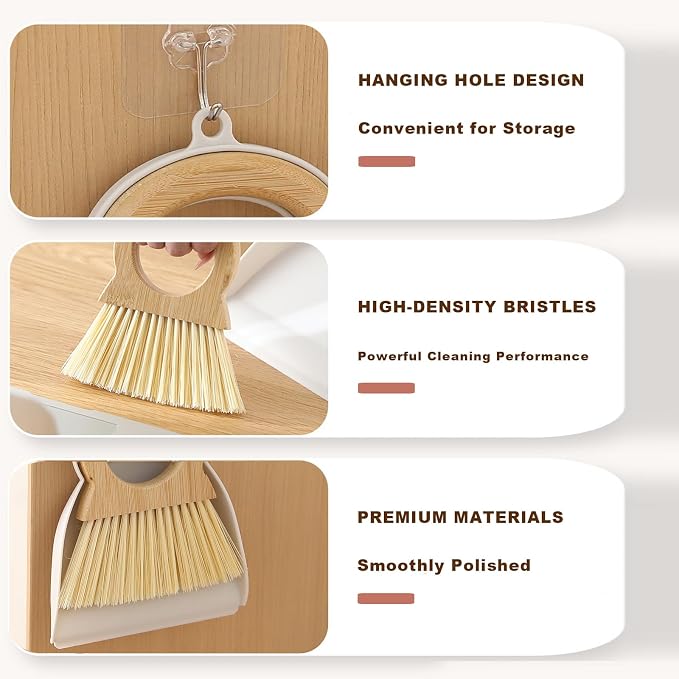 Mini Broom and Dustpan Set Bamboo Broom with Dustpan Combo Set Portable Hand Sweeper for Office Kitchen Dorm Home Quick Cleanups (White)