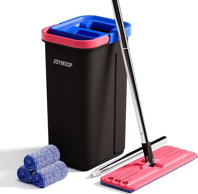 JOYMOOP Flat Mop System, Microfiber Mop and Bucket Set, Black, Household & Commercial Floor Cleaning System for Hardwood, Tile & Glass, Wet Dry Use, 60" Handle, 3 Pads