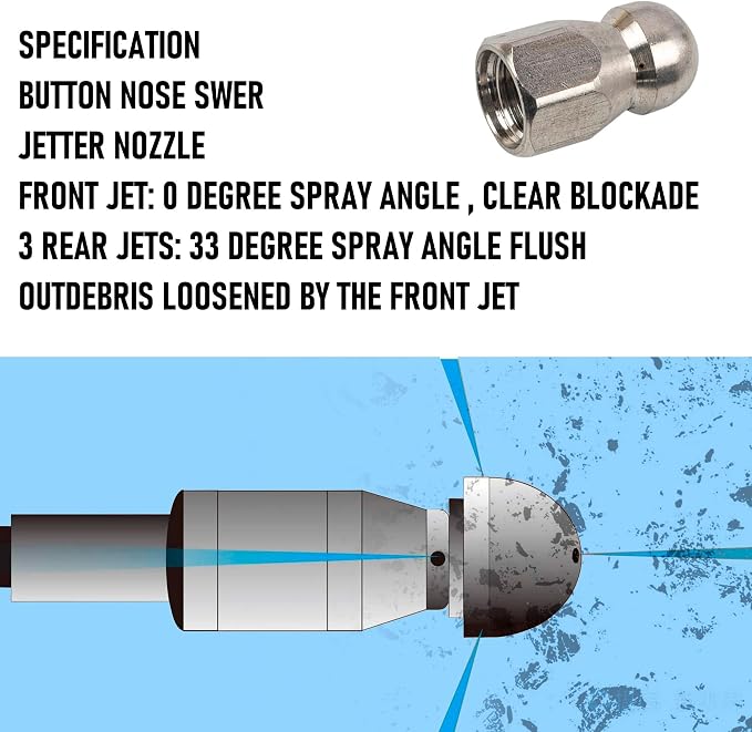 Hourleey Sewer Jetter Kit for Pressure Washer 150FT, Drain Cleaner Hose 1/4 Inch NPT, Orifice 4.0 Button Nose and Rotating Sewer Jetting Nozzle Spanner Tape Pearl Corsage Pin, 4000 PSI