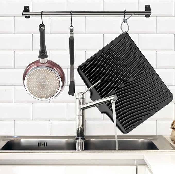 TIKNIK Silicone Dish Drying Mat for Kitchen Counter - Heat Resistant & Non-Slip Dish Drain Pad with Built-In Drain, Dishwasher Safe, Quick-Dry, Hangable & Roll-Up for Storage, Black-2pcs, 20" x 15"