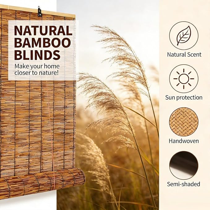 Bamboo Shades for Outdoor Patio, Waterproof Bamboo Blinds, 36" 47" 55" 60" 65" 72" 79" Blackout Reed Roller Shades with Lifter for Porch, Patio, Yard, Windows(Natural A,52" W x 48" H)