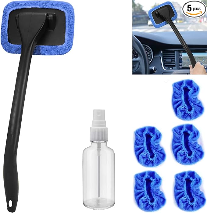 desin Car Windshield Cleaner Tool with Extendable Handle, Inside Auto Window Glass Cleaning Kit with 5 Washable Microfiber Pads, Streak-Free Defogger Wand for Deep Dashboards & SUVs