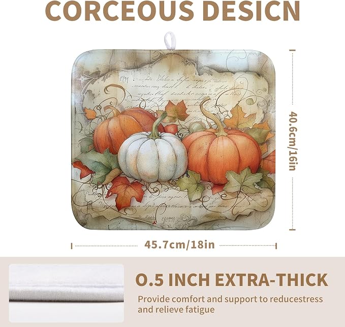 Fall Pumpkin Maple Leaf Dish Drying Mat for Kitchen Counter 16x18 Inch Vintage Autumn Leaves Thanksgiving Drying Mat Seasonal Ultra Absorbent Dish Drainer Rack Mats for Coffee Bar Kitchen