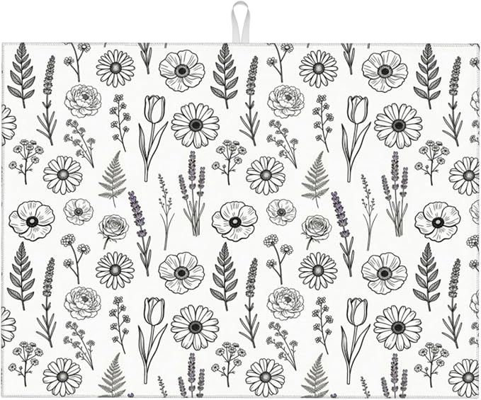 Black and White Floral Aesthetics Dish Drying Mat, for Kitchen Counter Microfiber Absorbent, Dish Draining Mat Extra Large 18"x24"