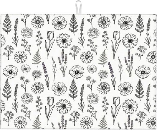 Black and White Floral Aesthetics Dish Drying Mat, for Kitchen Counter Microfiber Absorbent, Dish Draining Mat Extra Large 18"x24"