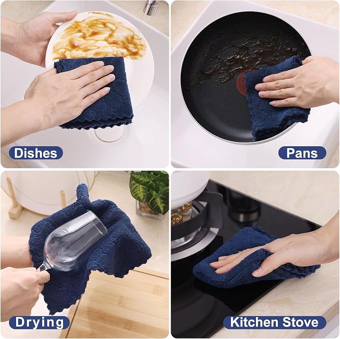 Homaxy 12 Pack Kitchen Dish Cloths (10 x 10 Inches, Navy Blue), Super Soft and Absorbent Coral Velvet Dish Towels, Nonstick Oil Fast Drying Microfiber Cleaning Cloth, No Lint Household Dishcloths