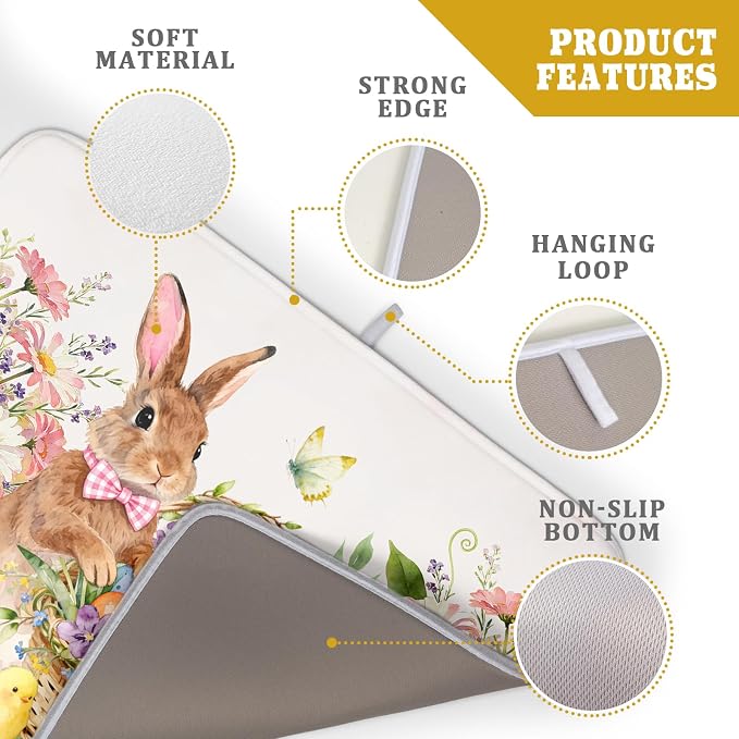 Easter Rabbit Eggs Dish Drying Mat for Kitchen Counter 18x24 Inch Spring Flowers Large Microfiber Dish Drainer Rack Mats