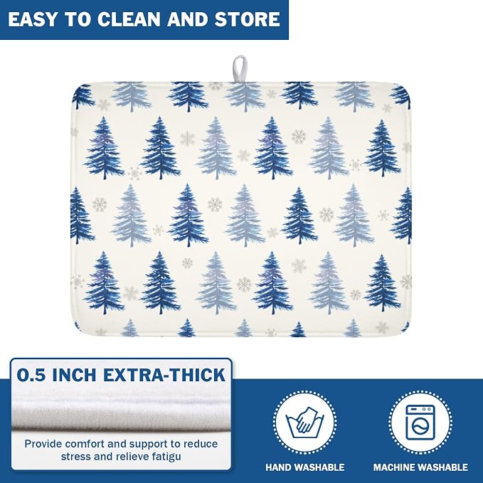 Winter Dish Drying Mat 18 x 24 Inch Blue Tree Dish Drying Pad Absorbent Microfiber Mats for Snowflake Dish Rack Pad for Holiday Kitchen Counter Coffee Bar Decor