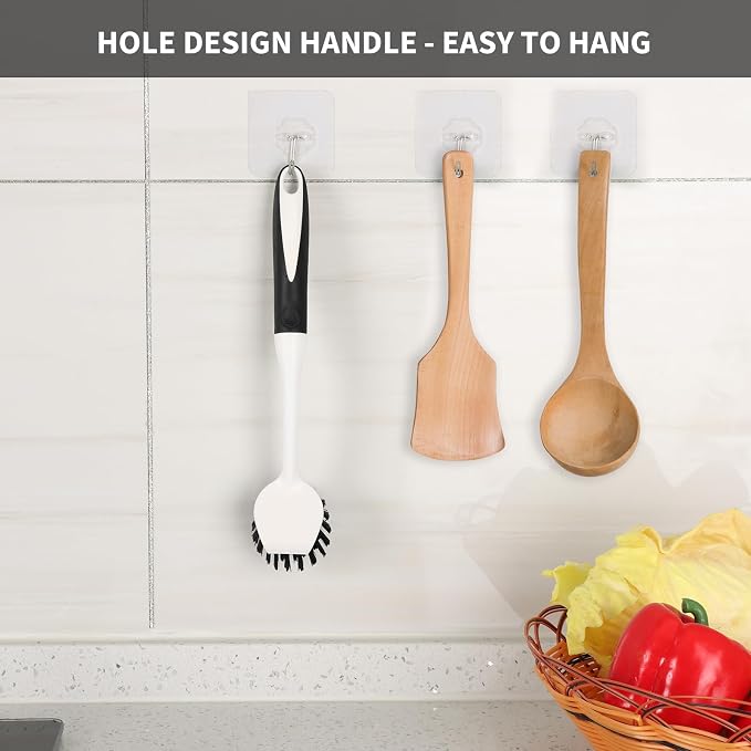 Dish Brush with Handle, 2 Pack Scrub Brushes with Built-in Scraper for Cleaning Kitchen, Pots, Pans and Sink, Scrubber Washing Tools, Black