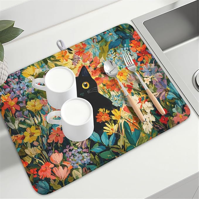 Spring Summer Floral Cat Dish Drying Mat for Kitchen Counter Abstract Oil Painting Wildflower Microfiber Dish Drainer Mat Rustic Absorbent Washable Drying Pad Extra Large 18"x24"