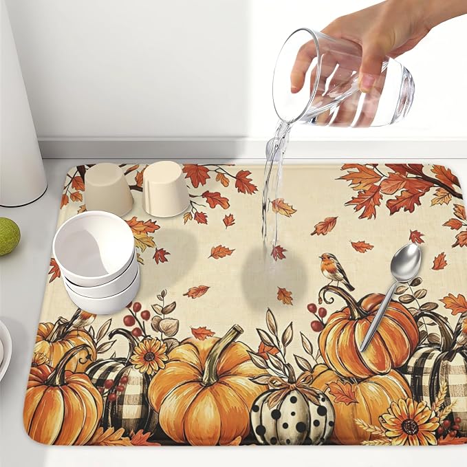 Fall Orange Pumpkin Dish Drying Mat for Kitchen Counter 18 x 24 Inch Autumn Maple Leaf Dish Drainer Mat Absorbent Microfiber Thanksgiving Harvest Dish Rack Pad for Coffee Dining Bar Decor