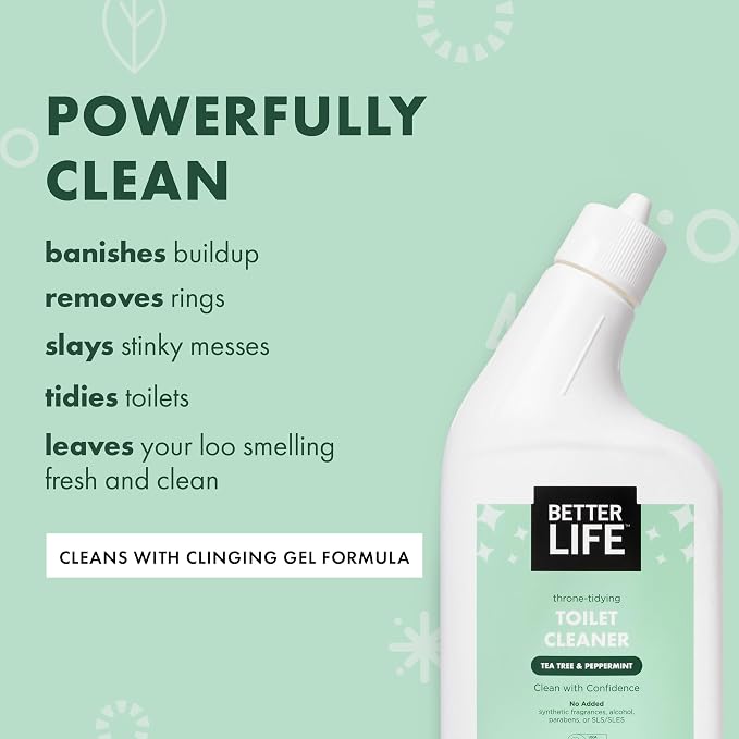 Better Life Toilet Bowl Cleaner, Plant-based, Stain & Odor Remover, Tea Tree & Peppermint Scent Cleaning Gel, Liquid Bathroom Cleaners for Household, 24 Oz, Pack of 2