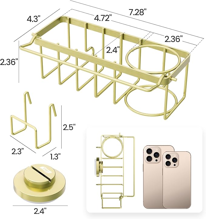 TAILI 4-in-1 Sponge Holder for Kitchen Sink with Strong Suction Cup Removable, Rustproof Stainless Steel Sink Caddy for Sponge, Brush, Scrubber, Scraper -Gold