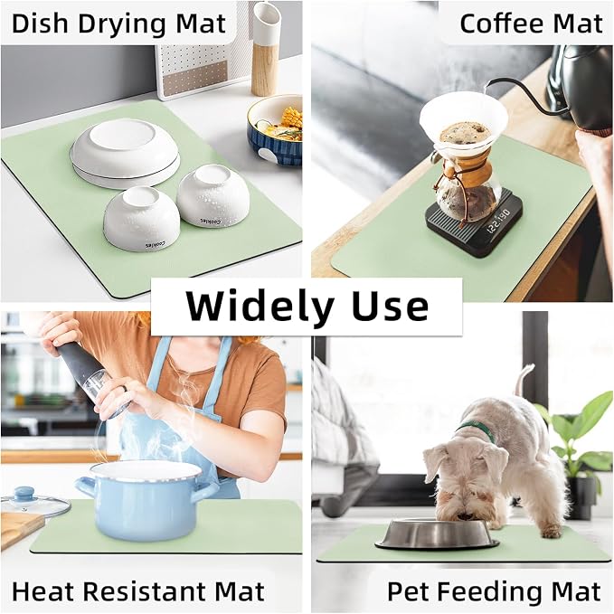 LOPNUR Kitchen Dish Drying Mat, 24"x16" Dish Drying Mats for Kitchen Counter, Diatomite Coffee Mat, Super Absorbent Dish Drying Pad, Heat Resistant Mat with Anti-slip Rubber Backed, Sage Green