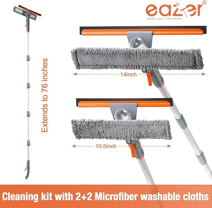 Eazer 76" Spray Window Squeegee Kit with Extension Pole & Pads | 5-Section Pole with Microfiber & Chenille Pads – Streak-free for indoor, outdoor & car windows