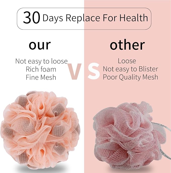 BCKENEY Bath Loofah Shower Sponge Body Back Scrubber Soft Mesh Shower Puffs Exfoliating Loofa for Women & Men Bath Accessories Cleaning Tool (4Pcs 60G Shower Puffs, Luxury)