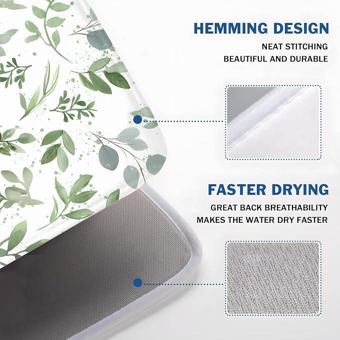 Spring Summer Sage Green Leaves Dish Drying Mat 16x18 Inch | Eucalyptus Leaf，Polyester，Absorbent Microfiber，for Kitchen Coffee Dining Bar Decor