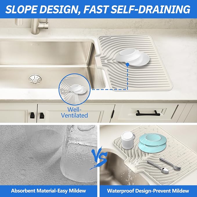 Dish Drying Mat for Kitchen Counter, with Built-in Drain Lip, Food-Grade Silicone, Easy Clean Pad for Countertop Protection, Multi-Functional Use (18x11.8, Beige)