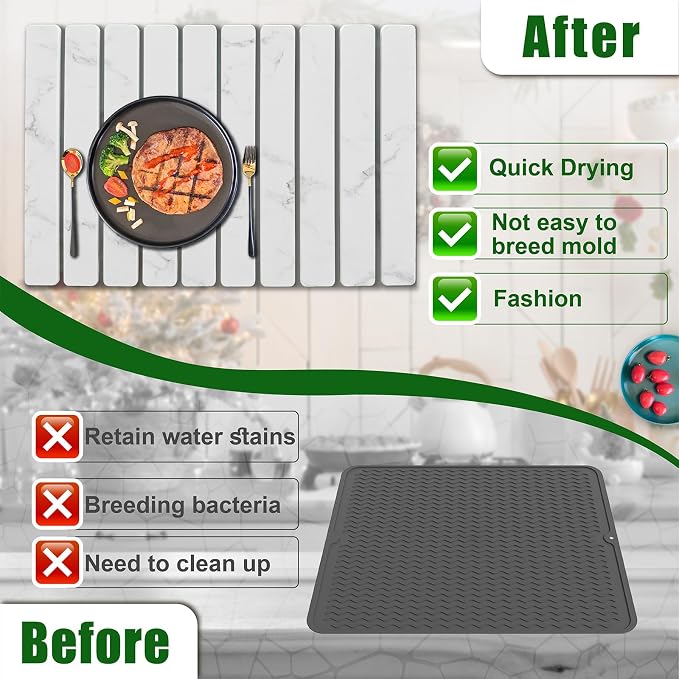 Large Stone Dish Drying Mat for Kitchen Counter, 24"×16" Quick Dry Collapsible Diatomaceous Earth Mat – Super Absorbent Foldable Drying Pad for Dishes (Marble White, 23.2" x 15.4")