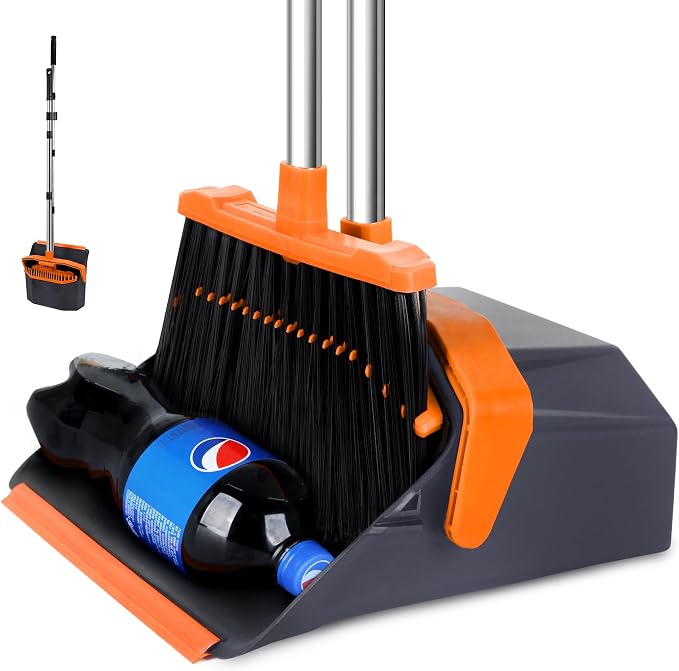 Broom and Dustpan Set for Home, 51" Long Handle Standing Pan Grey Orange | Self-Cleaning Dust Pan and Brooms, ZeroGap Lip, Upright Storage Broom Combo for Kitchen Lobby Office Restaurant Indoor