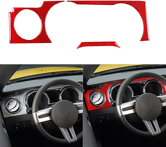 Red Real Carbon Fiber Trim for Ford Mustang Accessories | for GT Shelby 2005 2006 2007 2008 2009 Central Console Instrument Panel Gear Shift Cover Interior Thick Overlay Decal 12PCs