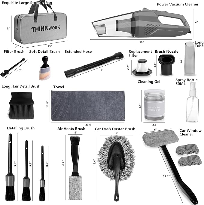 THINKWORK Car Cleaning Kit, High Power Vacuum with Detailing Brush Set | 8000PA Suction, Cleans Tight Gaps, Pet Hair & Crumb Removal, Corded Handheld, Washable Filter, Car & Home, Gift