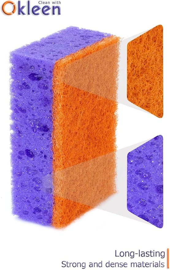 Purple and Orange Multi Use Scrub Sponges. Made in Europe. 9 Pack, 4.3x2.8x1.4 inches. Heavy Duty & Non Scratch Fiber. Odorless Durable Delicate, Easy Washable Violet Scrubber
