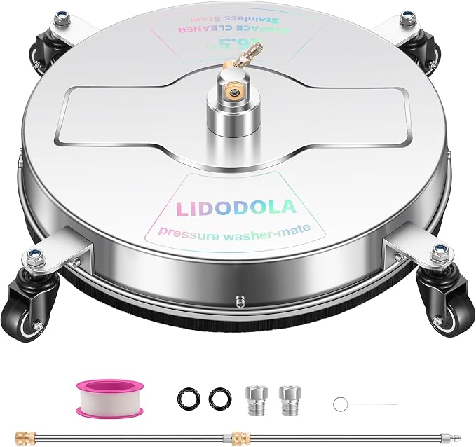 LidoDola 16.5'' Pressure Washer Surface Cleaner, Power Washer Accessory | Stainless Steel Housing with 4 Wheels, 1/4" QC, 2 Extension Wands & 2 Replacement Nozzles, for Gas & Electric Pressure Washer
