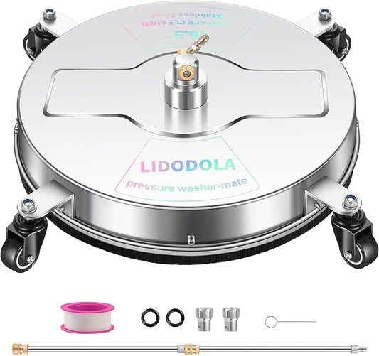 LidoDola 16.5'' Pressure Washer Surface Cleaner, Power Washer Accessory | Stainless Steel Housing with 4 Wheels, 1/4" QC, 2 Extension Wands & 2 Replacement Nozzles, for Gas & Electric Pressure Washer