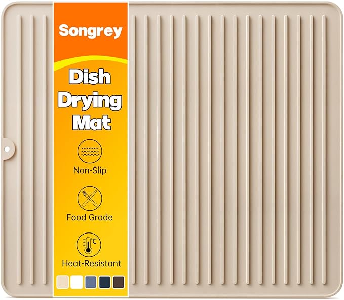 Songrey 18" x 16" Silicone Dish Drying Mat, Kitchen Counter Drying Pad for Sink Dishes or Under Rack, Multi-Use as Heat Resistant Trivet, Coffee Bar Mat