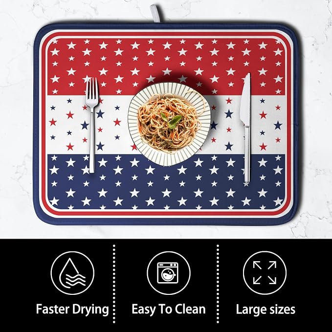 4th of July Dish Drying Mat for Kitchen Counter Patriotic Red White Blue Stars Drying Pad Microfiber Absorbent Dish Draining Mat Microfiber Independence Day Dish Drainer Rack Mats 16x18 Inch