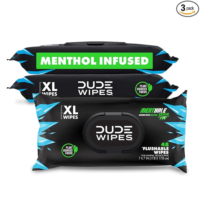 DUDE Wipes MentHOLE XXtreme Flushable Wipes - Menthol Infused Extra-Large Adult Wet Wipes - 3 Pack (144 Count) - Infused with Menthol for a Cooling Sensation - Septic and Sewer Safe
