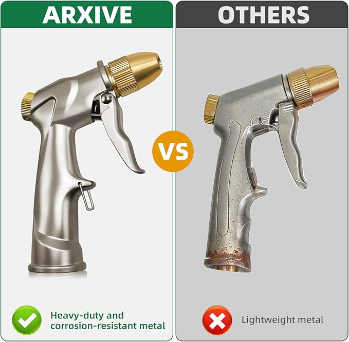 ARXIVE Heavy Duty Garden Hose Nozzle, High Pressure Handheld Sprayer | 4 Adjustable Patterns for Lawn, Garden, Car, Pet & Window Cleaning. Leak-Proof 100% Metal Body, Rustproof