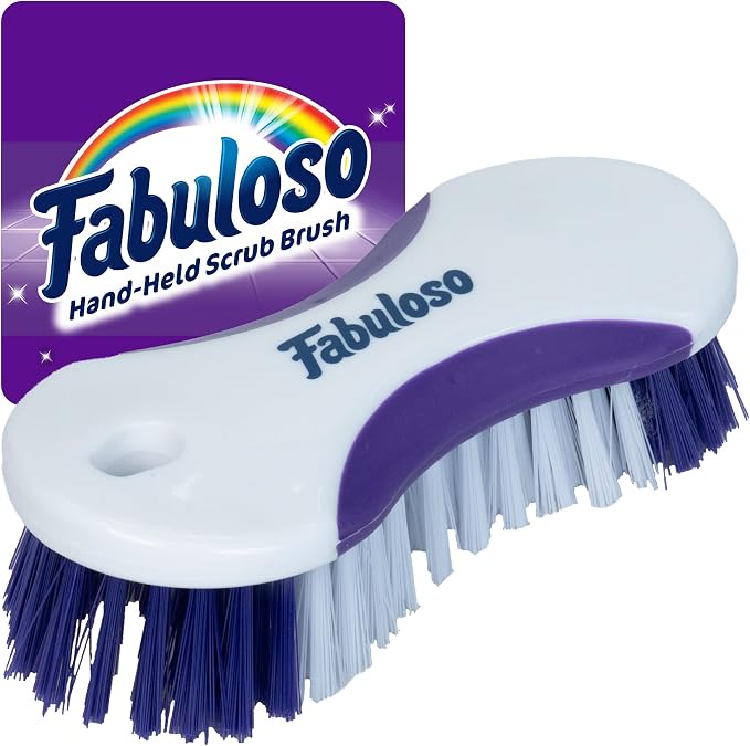 Fabuloso Compact Hand Scrub Brush, White and Purple, 6 Inch | Easy-grip rubber texture with firm bristles for kitchen, bathroom, tile, and baseboards