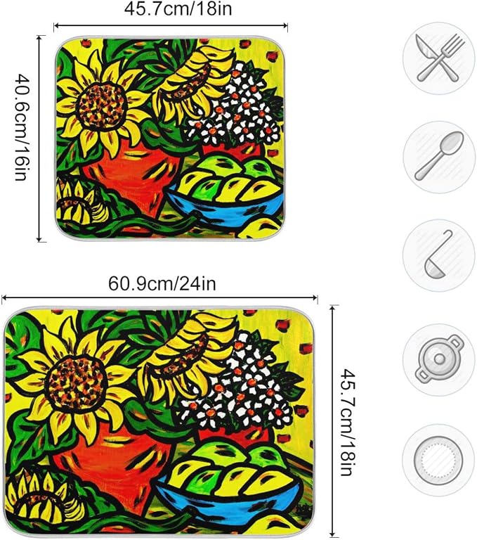 Absorbent Dish Drying Mat for Kitchen Counter - Sunflower Yellow Cute Microfiber Drying Pad, Reversible Drainer Mats for Countertop, Large 18" x 24"